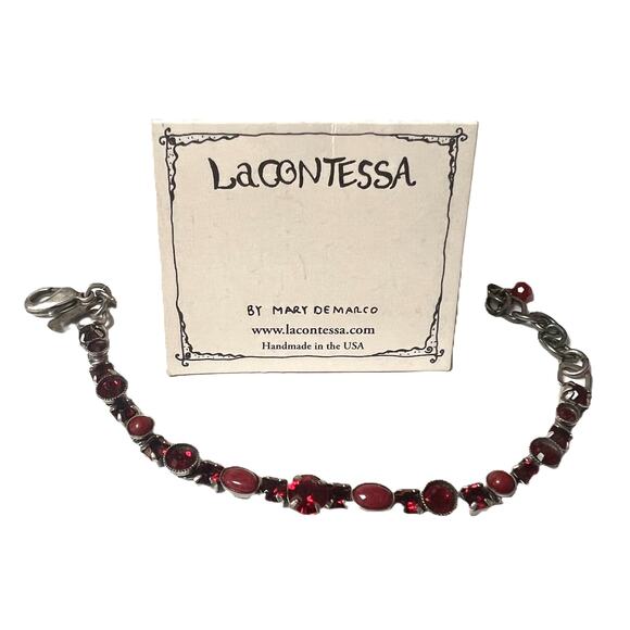Mary DeMARCO La Contessa vintage designer bracelet Faux Garnet/Ruby Pewter 6"-8" - Picture 8 of 8